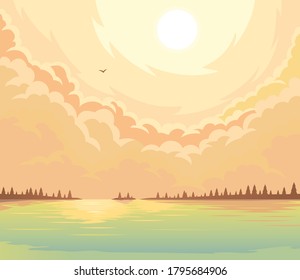 Summer rural landscape. Sunset over the lake and fir forest on the coast.