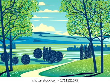 Summer rural landscape with trees, fields, meadows and hills in the background. Handmade drawing vector illustration. Retro style poster.