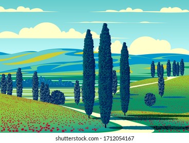 Summer rural landscape with trees, fields, meadows and hills in the background. Handmade drawing vector illustration. Retro style poster.