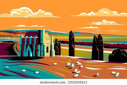 Summer rural landscape with trees, fields, meadows and hills in the background. Handmade drawing vector illustration. Pop art style poster.