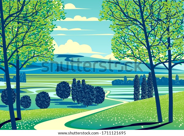 木 野原 牧草地 丘を背景に夏の田園風景 手作りの描画ベクターイラスト レトロなスタイルのポスター のベクター画像素材 ロイヤリティフリー