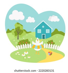 Summer rural landscape with trees and houses. Cute goose with a lifebuoy. Vector flat illustration.