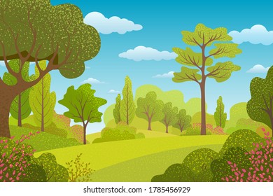 Summer  rural landscape with trees and leaves. Background with forest. Bright natural banner  with plants. Vector flat design. Nature and ecology.