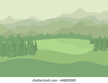 Summer rural landscape.  Trees on a hill, background of meadows.  Flat style vector