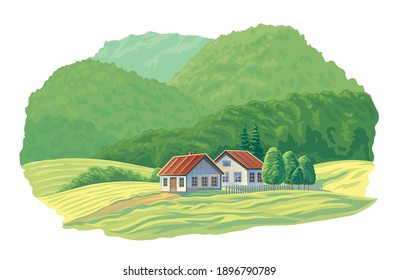 Summer rural landscape and two houses   distant forest hills in the background 