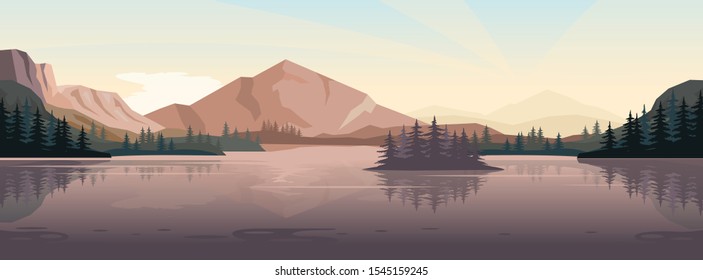 Summer rural landscape. Vector background with lake and mountains