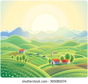 Summer rural landscape with village.