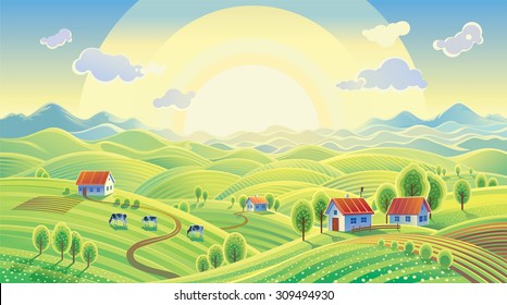 Summer rural landscape with village.