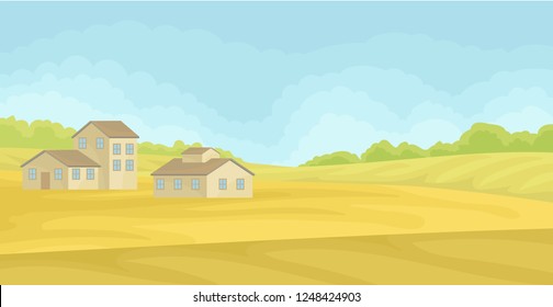 Summer rural landscape with village houses, field with green grass, agriculture and farming concept vector Illustration on a white background