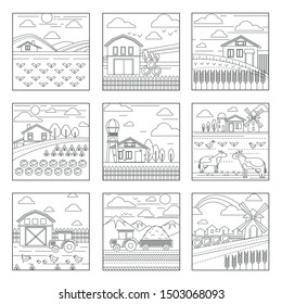 Summer rural landscapes, cows and farm, fields and tractor isolated outline icons vector. Agriculture and farming, harvester truck, chikens and village buildings. Barn and fence, mill and hay or wheat