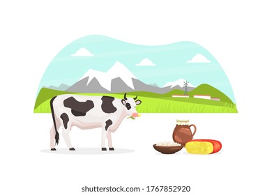 Summer Rural Mountain Landscape and Grazing Cow, Fresh Healthy Eco Agricultural Products Vector Illustration