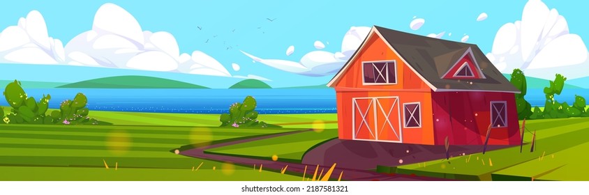 Summer rural scene with green agriculture fields, farm barn and river. Vector cartoon illustration of countryside panorama, farmland landscape with red wooden granary, road, lake and grass