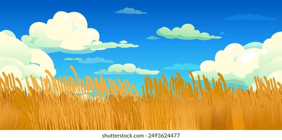 Landweizen im Sommer. Landwirtschaftliche Saat- und Pflanzanlagen. Landschaft auf dem Bauernhof. Himmel mit Wolken. Erntezeit. Brotproduktion. Nahtlose Bild-Vektorgrafik