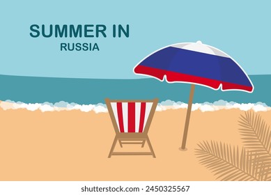 Summer in Russia, beach chair and umbrella, vacation or holiday in Russia, vacation concept vector design, summer holiday, sea sand sun, travel and tourism idea