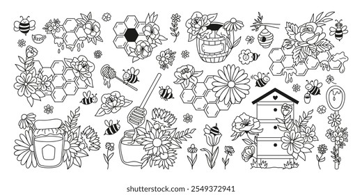 Colección colmenar rústica de verano con abejas lindas, panales, colmena, cuchara, tarro de vidrio y arreglo de flores. Ilustraciones de doodle dibujadas a mano. 