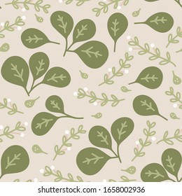 Summer rustic foliage vector seamless pattern with large and small eucaliptus leaves, branches and flower buds for fabric, bedding textile, wallpaper. or garden tablecloth print.