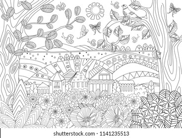 summer rustic landscape for your coloring book