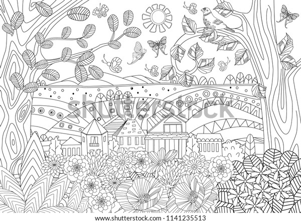 Summer Rustic Landscape Your Coloring Book Stock Vector (Royalty Free ...