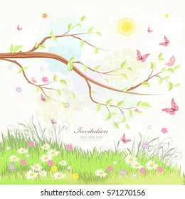 summer rustic scenery with branch of tree and flying butterflies