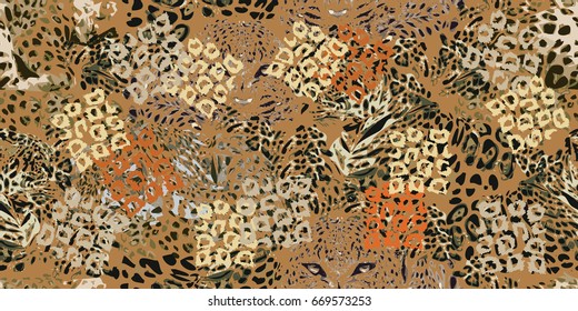 Summer safari dreams. Grunge background with leopard spots. Seamless vector animal print. Ethnic textile collection. Black, beige, grey.