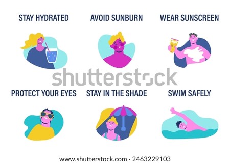 Summer safety. Protection from overheating, sunburn and caution on the water. Infographics about healthcare. Vector