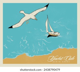 summer sailing with albatross bird vector illustration, yacht club vector artwork for t shirt, poster, graphic print, illustrat3, sea shore top view vector art 