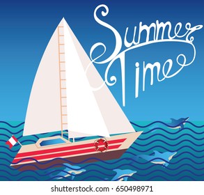 summer ,sailing boat , sea ,dolphins, waves, beautiful scenery