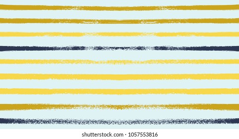 Summer Sailor Stripes Seamless Vector Pattern. Autumn Colors Textile Blue, Ocher, White, Yellow, Brown, Gray Print. Hipster Vintage Retro Stripes Design. Creative Horizontal Banner. Watercolor Prints.