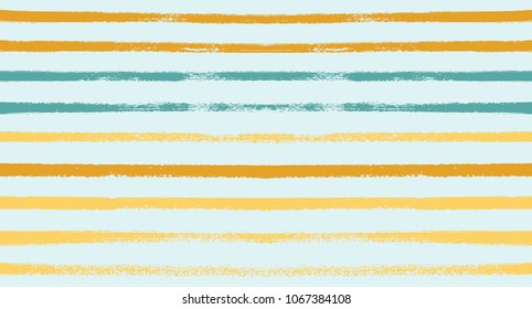 Summer Sailor Stripes Seamless Vector Pattern. Autumn Colors Textile Blue, Ocher, White, Yellow, Brown, Gray Print. Hipster Vintage Retro Stripes Design. Creative Horizontal Banner. Watercolor Prints.