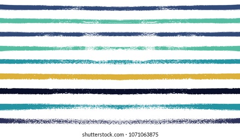 Summer Sailor Stripes Seamless Vector Pattern. Autumn Colors Textile Blue, Ocher, White, Yellow, Brown, Gray Print. Hipster Vintage Retro Stripes Design. Creative Horizontal Banner. Watercolor Prints.