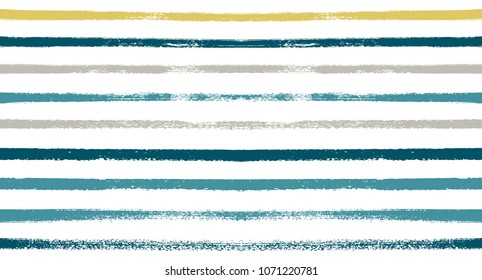 Summer Sailor Stripes Seamless Vector Pattern. Autumn Colors Textile Blue, Ocher, White, Yellow, Brown, Gray Print. Hipster Vintage Retro Stripes Design. Creative Horizontal Banner. Watercolor Prints.