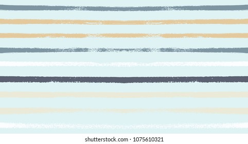 Summer Sailor Stripes Seamless Vector Pattern. Autumn Colors Textile Blue, Ocher, White, Yellow, Brown, Gray Print. Hipster Vintage Retro Stripes Design. Creative Horizontal Banner. Watercolor Prints.