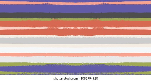 Summer Sailor Stripes Seamless Vector Pattern. Autumn Colors Textile Print in Orange, Purple, White, Yellow, Gray. Hipster Vintage Retro Stripes Design. Creative Horizontal Banner. Watercolor Prints.