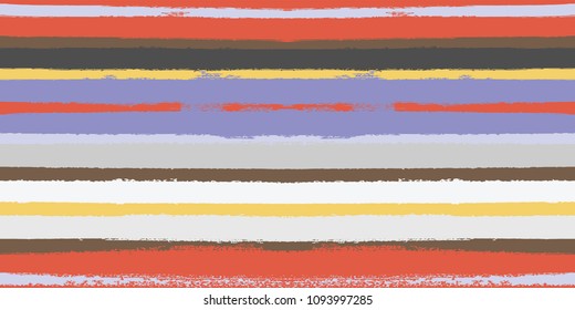 Summer Sailor Stripes Seamless Vector Pattern. Autumn Colors Textile Print in Orange, Purple, White, Yellow, Gray. Hipster Vintage Retro Stripes Design. Creative Horizontal Banner. Watercolor Prints.