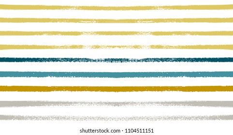 Summer Sailor Stripes Seamless Vector Pattern. Autumn Colors Textile Blue, Ocher, White, Yellow, Brown, Gray Print. Hipster Vintage Retro Stripes Design. Creative Horizontal Banner. Watercolor Prints.