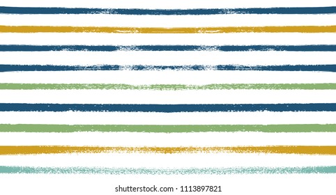 Summer Sailor Stripes Seamless Vector Pattern. Autumn Colors Textile Blue, Ocher, White, Yellow, Brown, Gray Print. Hipster Vintage Retro Stripes Design. Creative Horizontal Banner. Watercolor Prints.