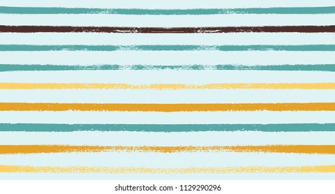 Summer Sailor Stripes Seamless Vector Pattern. Autumn Colors Textile Blue, Ocher, White, Yellow, Brown, Gray Print. Hipster Vintage Retro Stripes Design. Creative Horizontal Banner. Watercolor Prints.