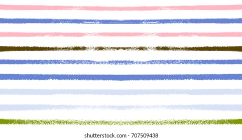 Summer Sailor Stripes Seamless Vector Pattern. Autumn Colors Textile Blue, Green, White, Purple, Brown, Gray Print. Hipster Vintage Retro Stripes Design. Creative Horizontal Banner. Watercolor Prints.