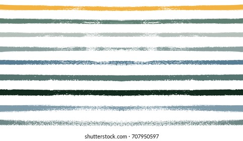 Summer Sailor Stripes Seamless Vector Pattern. Autumn Colors Textile Blue, Ocher, White, Yellow, Brown, Gray Print. Hipster Vintage Retro Stripes Design. Creative Horizontal Banner. Watercolor Prints.