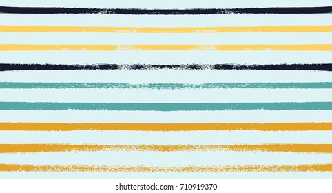 Summer Sailor Stripes Seamless Vector Pattern. Autumn Colors Textile Blue, Ocher, White, Yellow, Brown, Gray Print. Hipster Vintage Retro Stripes Design. Creative Horizontal Banner. Watercolor Prints.