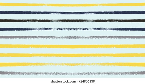 Summer Sailor Stripes Seamless Vector Pattern. Autumn Colors Textile Blue, Ocher, White, Yellow, Brown, Gray Print. Hipster Vintage Retro Stripes Design. Creative Horizontal Banner. Watercolor Prints.