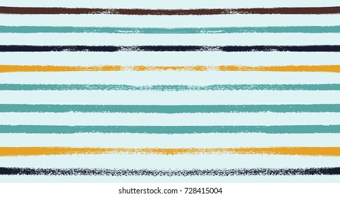 Summer Sailor Stripes Seamless Vector Pattern. Autumn Colors Textile Blue, Ocher, White, Yellow, Brown, Gray Print. Hipster Vintage Retro Stripes Design. Creative Horizontal Banner. Watercolor Prints.