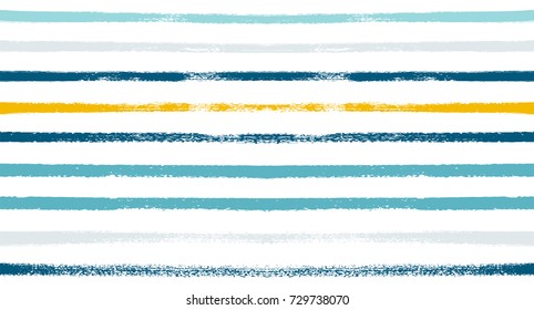 Summer Sailor Stripes Seamless Vector Pattern. Autumn Colors Textile Blue, Ocher, White, Yellow, Brown, Gray Print. Hipster Vintage Retro Stripes Design. Creative Horizontal Banner. Watercolor Prints.