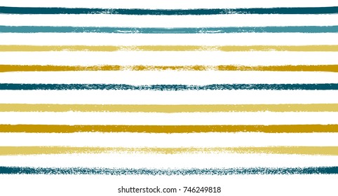 Summer Sailor Stripes Seamless Vector Pattern. Autumn Colors Textile Blue, Ocher, White, Yellow, Brown, Gray Print. Hipster Vintage Retro Stripes Design. Creative Horizontal Banner. Watercolor Prints.