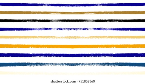 Summer Sailor Stripes Seamless Vector Pattern. Autumn Colors Textile Blue, Ocher, White, Yellow, Brown, Gray Print. Hipster Vintage Retro Stripes Design. Creative Horizontal Banner. Watercolor Prints.