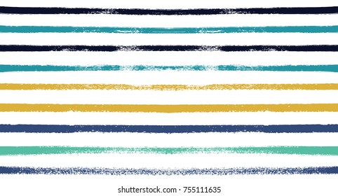 Summer Sailor Stripes Seamless Vector Pattern. Autumn Colors Textile Blue, Ocher, White, Yellow, Brown, Gray Print. Hipster Vintage Retro Stripes Design. Creative Horizontal Banner. Watercolor Prints.