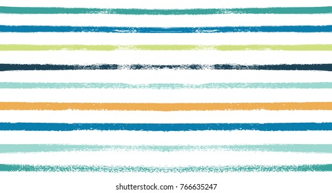 Summer Sailor Stripes Seamless Vector Pattern. Autumn Colors Textile Blue, Ocher, White, Yellow, Brown, Gray Print. Hipster Vintage Retro Stripes Design. Creative Horizontal Banner. Watercolor Prints.
