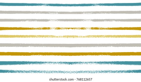 Summer Sailor Stripes Seamless Vector Pattern. Autumn Colors Textile Blue, Ocher, White, Yellow, Brown, Gray Print. Hipster Vintage Retro Stripes Design. Creative Horizontal Banner. Watercolor Prints.