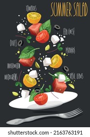 Summer salad with watermelon, tomatoes, feta cheese and basil. Vector illustration