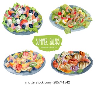 Summer salads. Vector watercolor illustration.